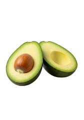 Avocado Halves: A close-up view of a perfectly halved avocado reveals its vibrant green flesh and prominent seed.