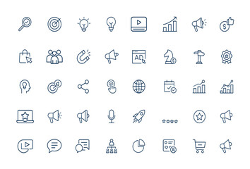 Marketing digital line icons: outline vector pictograms in linear style for SEO, promotion, advertisement, content, communication, product, blog, online strategy, branding, campaign and more.