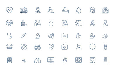 Healthcare and medical line icon set, heart, ambulance, hospital, doctor, patient, treatment, blood transfusion, care, medicine, wellness, emergency, health services, vector, outline and more.