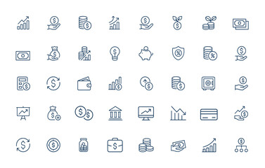 Profit and financial growth line icons. Money, earnings, income, cash, investment, savings, economic success, wealth symbols, outline vector icons in linear style, pictogram design and more.