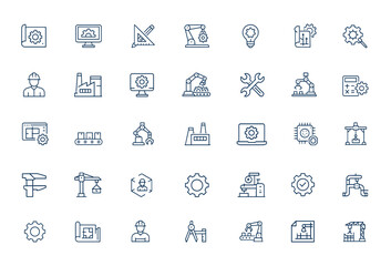 Engineering technology line icons. Vector outline pictogram set featuring blueprint, design, construction, manufacturing, production, project, engineer, industrial symbols, technical drawing and more.