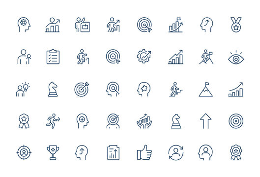 Motivation icon pack. Personal development, productivity, career growth, goal achievement, improvement, increase, success, advancement, progress, outline vector and more.