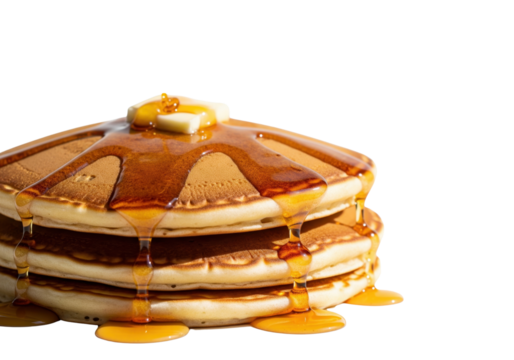 Stack of Golden Pancakes: A tempting stack of fluffy, golden pancakes is drenched in rich, amber syrup and crowned with a pat of melting butter, evoking a sense of comfort and indulgence.