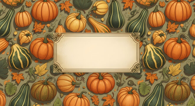 A fall themed background with pumpkins gourds leaves and a blank frame in the center for text or images