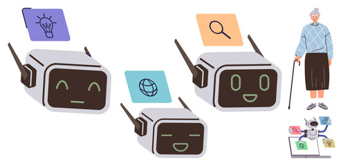 Three AI robots displaying icons for ideas, connectivity, and exploration near an elderly individual using a walking cane with assistive technology. Ideal for technology, innovation, AI in
