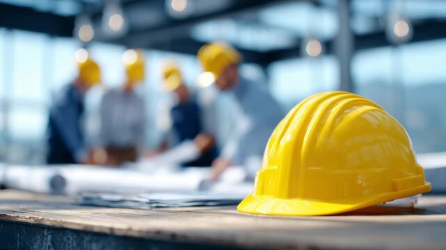 A yellow hard hat casts a shadow on a desk as workers review plans in a bustling, industrial-lit environment.