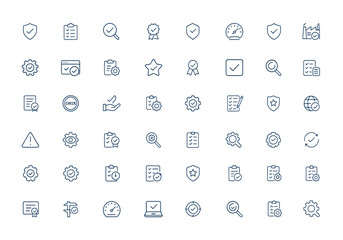 Linear quality control icons in outline style. Quality check, testing, inspection, evaluation, assurance, production, verified, checked, audit, process, compliance, standard and more.