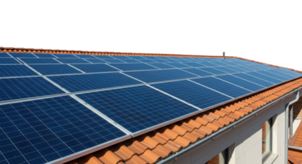Sleek deep blue photovoltaic solar panels glistening on a modern architectural roof with warm terracotta tiles, white gutter, clear blue sky, sun rays, copy space, concept of clean energy innovation