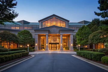 Grand hotel entrance at dusk with illuminated facade and landscaped driveway