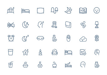 Sleeping person and sleep icons, night rest symbols, bed, pillow, earplugs, moon, lullaby, bedtime story, sleeping pills, outline vector pictograms, relaxation, insomnia aid, rest and more.