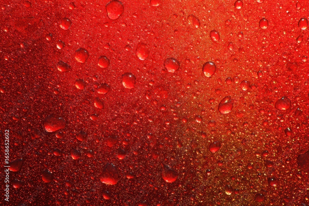 Poster bright red wallpaper with glass texture featuring grainy background and water droplets creating a dy