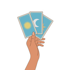 Female hand with tarot cards, isolate on white background, simple illustration, flat style, minimalism, sticker