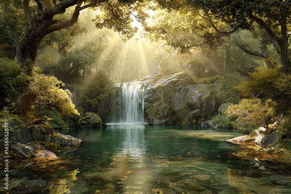 Poster serene waterfall cascading into a tranquil pond surrounded by lush greenery and illuminated by soft 