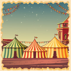 Fototapeta premium Colorful carnival amid abandoned buildings in scalloped perforated neon pink rectangle illustrating celebration vs desolation