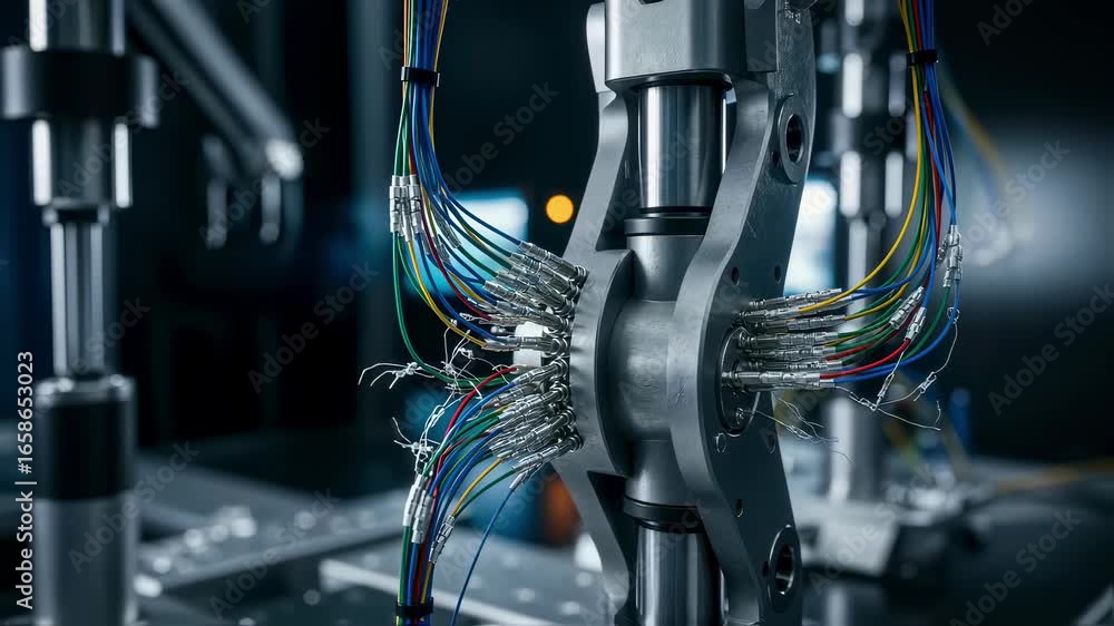 Poster technological closeup of sensor cables connected to an exoskeleton loadbearing joint during a fatigu