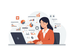 Flat vector illustration woman analyzing data dashboard using business analytics