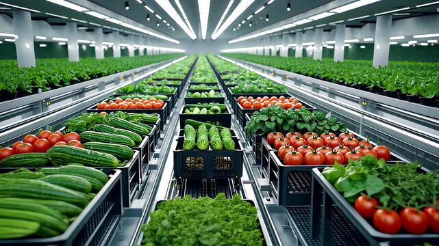 Rows of fresh vegetables including lettuce cucumbers and tomatoes growing in modern automated greenhouse hydro system