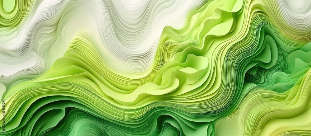Poster abstract green gradient waves: dynamic layered paper texture with smooth flow and depth
