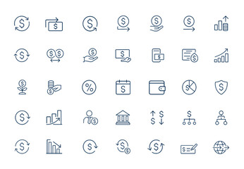 Linear cash flow icons: finance symbols for money turnover, cash inflow and outflow, currency movement, financial transactions, payment, accounting, banking, investment, economy and more.