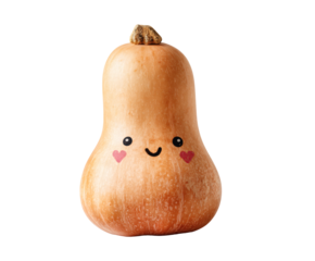 A cheerful butternut squash with a smiling face and heart-shaped cheeks.