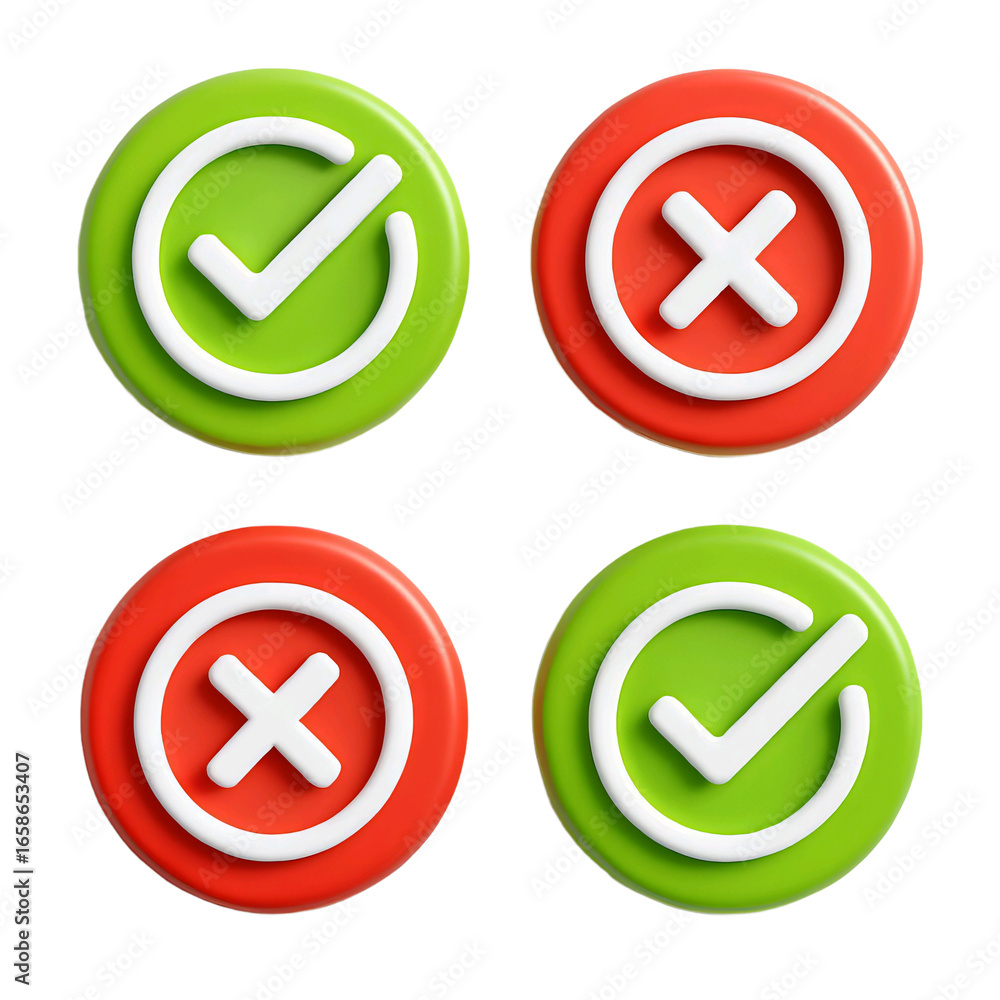Poster four circular icons with checkmarks and crosses isolated on transparent background