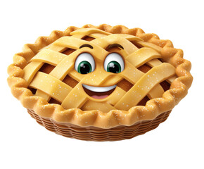 A friendly cartoon pie smiles with a delicious lattice crust, ready to bring joy.
