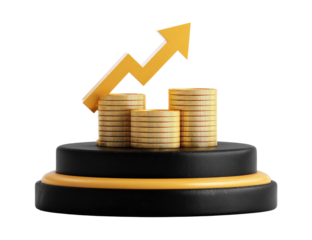 Golden coins stacked on tiered, black podium, with upward yellow arrow.  Growth, investment, prosperity concept
