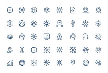 AI line icons: artificial intelligence, machine learning, generative AI, virtual assistant, brainstorming, technology symbols, outline vector pictograms, digital innovation and more.