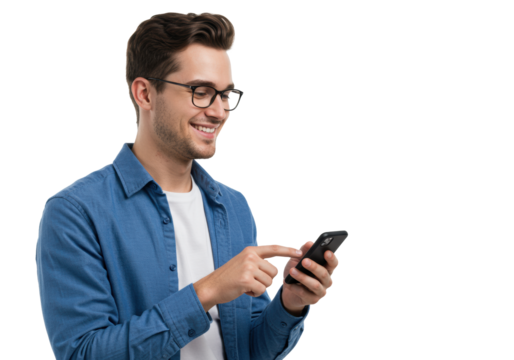 Young caucasian man with dark hair, modern eyeglasses, blue shirt, smiling, holding black smartphone against bright white studio, copy space, concept of seamless digital productivity