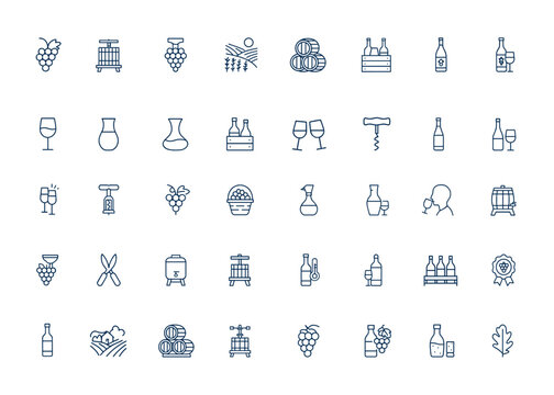 Linear style line icons set of wine making from grapes, wine barrels, bottled red and white wine, outline pictograms, editable stroke, vineyard, winery, grape harvest, winemaking process and more.