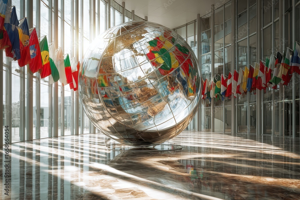 Poster globe indoors surrounded by international flags enhancing global unity and cultural diversity in a m