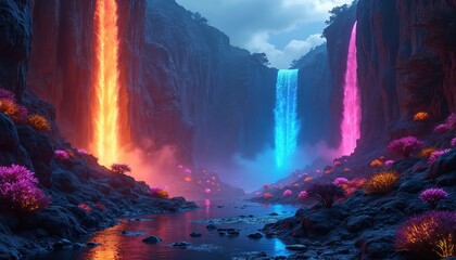 Alien canyon features neon waterfalls in orange, blue, pink. Glowing vegetation in vibrant purple, yellow dots landscape. Dark rocky terrain lines shimmering river reflecting otherworldly