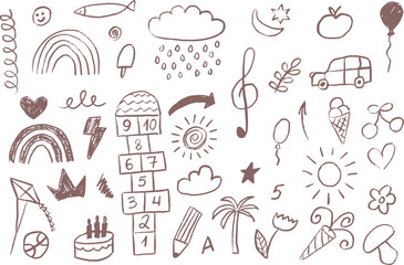 Daycare doodle icons set. Doodle kindergarten montessori toys for nursery, school - hopscotch. Vector illustration
