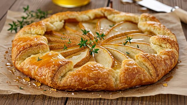 Rustic pear galette with golden crust: freshly baked dessert on wooden table