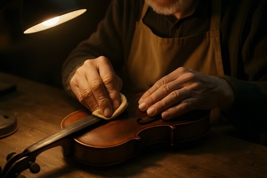 Senior craftsman working on string instrument restoration in a workshop, highlighting skill, heritage, and fine detail