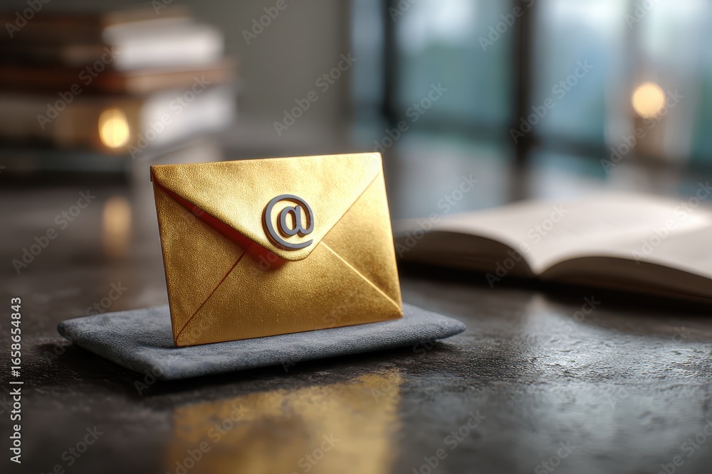 Poster golden envelope with email symbol resting on a slate coaster near an open book in a cozy workspace s