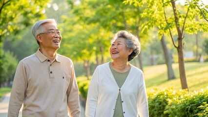happy senior couple walking in the park