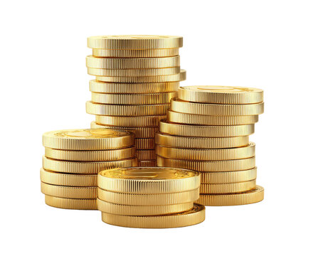 Gold coins stacked in various heights.  A pile of golden coins, tightly packed, forms a small, uneven pyramid.  Rich golden hue.  Detailed texture visible
