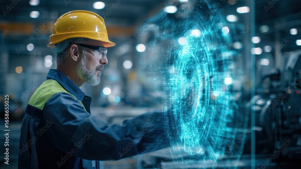 Poster medium shot of maintenance worker consulting factory digital twin hologram on a transparent screen w