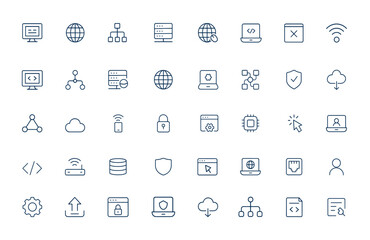 Fototapeta premium Linear outline icons set of internet computer, network, server, online, web design, programming, hardware, software, website, technology, data, cloud, digital, coding, system, connection and more.