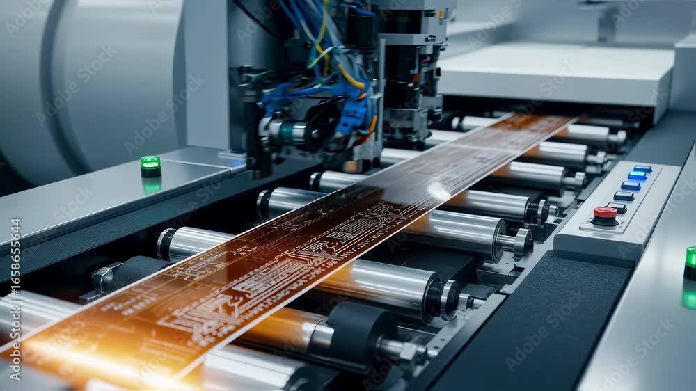 Fototapete flexible printed circuit board moving through drying and developing stages integrated in continuous 