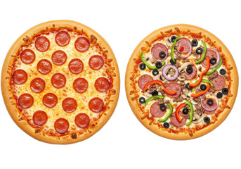Whole classic pepperoni and supreme pizzas, perfectly baked with golden crust, melted cheese, and vibrant toppings, overhead shot on transparent background, inviting culinary choice concept