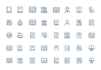Linear style outline icons featuring editable stroke for books, reading, e-books, library, literature, writers, pictograms, infographics, digital publishing, education, knowledge and more.