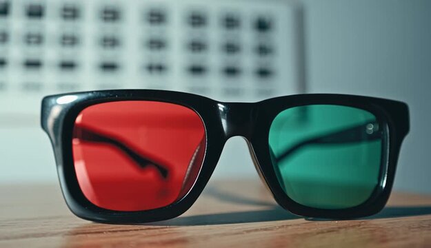 Anaglyph 3D glasses with red and green lenses on wooden table, eye test chart in background, optometry concept, black frame glasses with red right lens and green left lens
