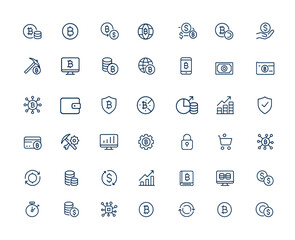 Virtual cryptocurrency line icons set: digital currency, bitcoin, blockchain, electronic cash, payment system, mining, crypto finance, decentralized money, digital wallet and more.