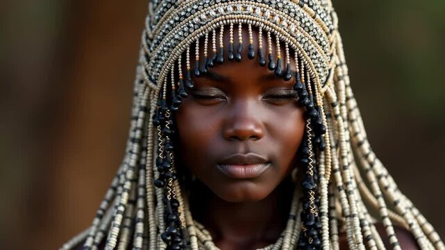 Portrait of young woman wearing traditional South African beaded head covering with flowing design

