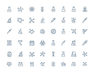 Linear style scientific icons set: laboratory, molecule, atom, chemical experiment, research, science, conceptual symbols, chemistry, biology, scientific analysis, lab tools outline pictograms.