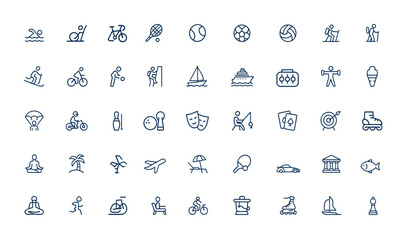 Linear style line icons featuring recreation, hobby, vacation, entertainment symbols. Editable stroke outline pictogram infographic for web and digital design, leisure, travel, fun, activity, pastime
