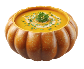 Delicious pumpkin soup in a carved pumpkin, a perfect autumn delight.