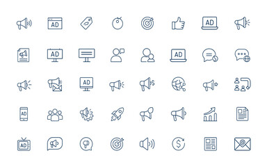 Linear outline icon set for advertising and marketing. Includes promotion, ad, branding, campaign, speaker, flyer, billboard, banner, advertiser, digital ads, media, communication and more.